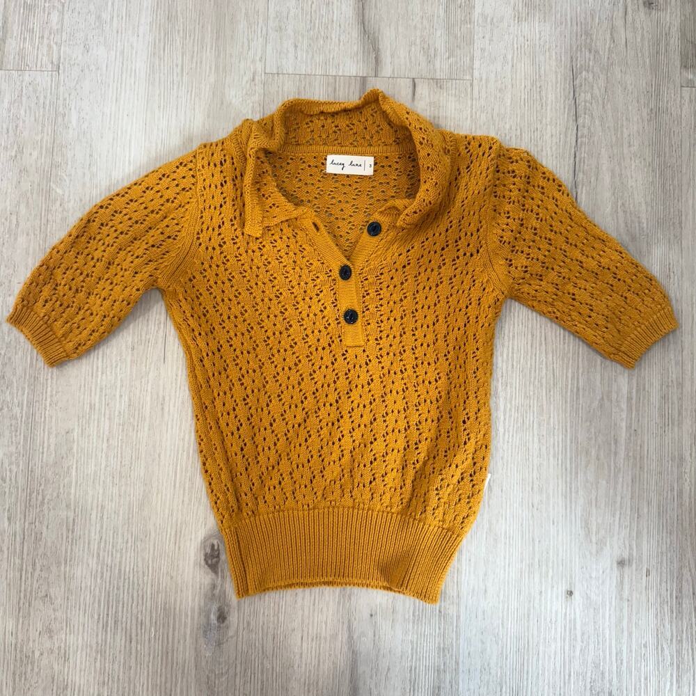 Lacey Lane Girls Mustard Crochet Knit Henley Sweater Boho Cottagecore Size 3